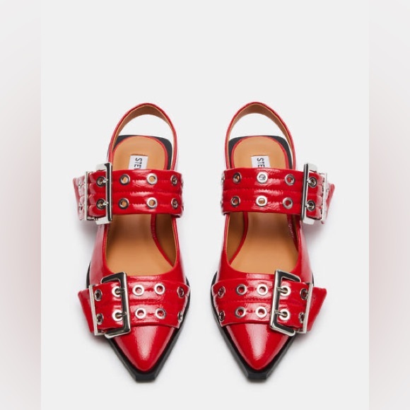 STEVE MADDEN Red & Silver Buckle Patent Leather Ganni Pointed Toe Flat Shoes 8 - Picture 4 of 16
